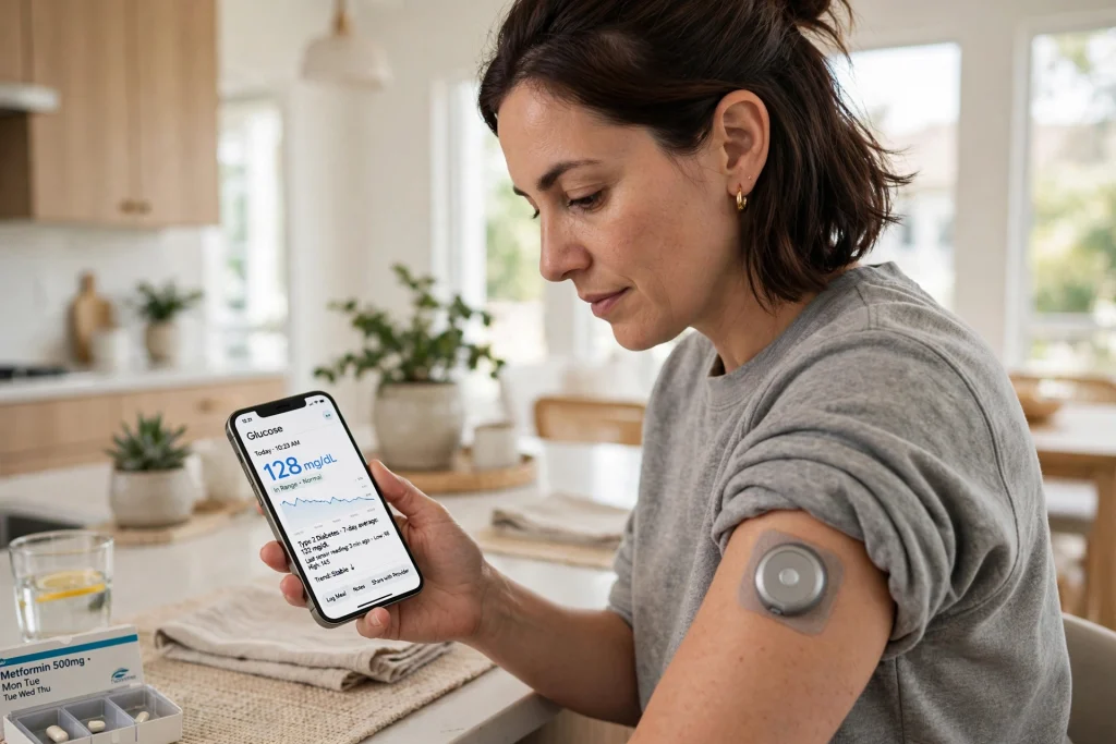 A person wearing a continuous glucose monitor on their arm while checking blood sugar readings on a smartphone.