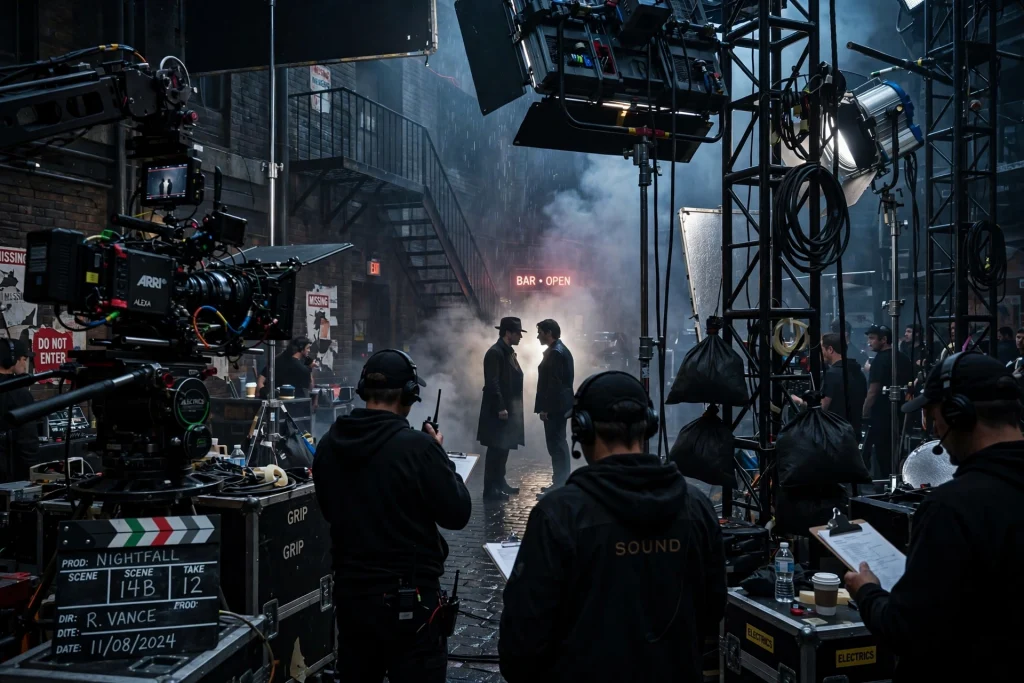 A dramatic thriller film set with cameras and lighting rigs as production gets under way.